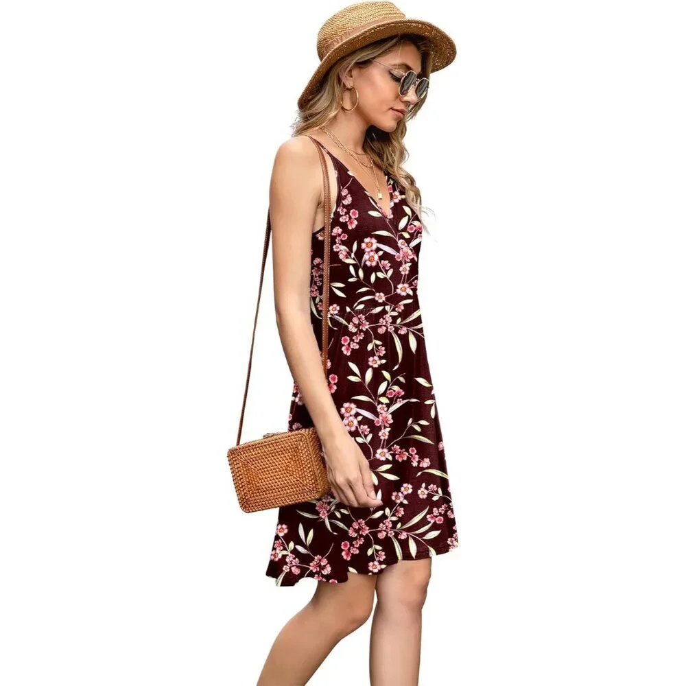Women's Floral Claret V Neck Spaghetti Strap Flowy Mini Dress with Pockets